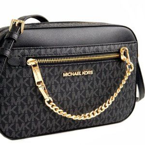 NWT Michael Kors Womens Jet Set Large Signature Print Crossbody Bag Black/Gold